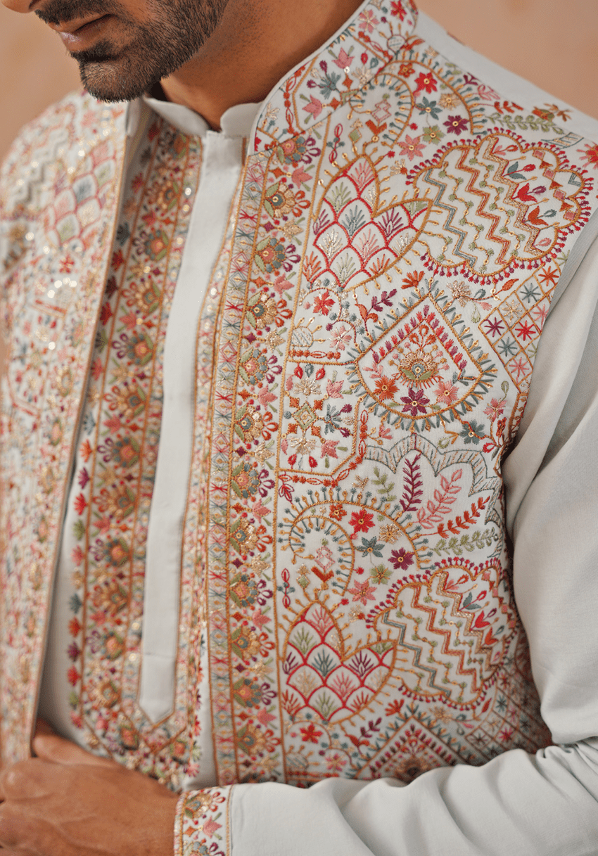 Blue Embroidered Jacket Kurta Set Kalpraag - Fabilicious Fashion