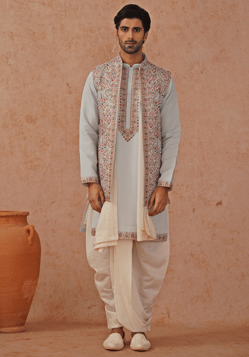 Blue Embroidered Jacket Kurta Set Kalpraag - Fabilicious Fashion