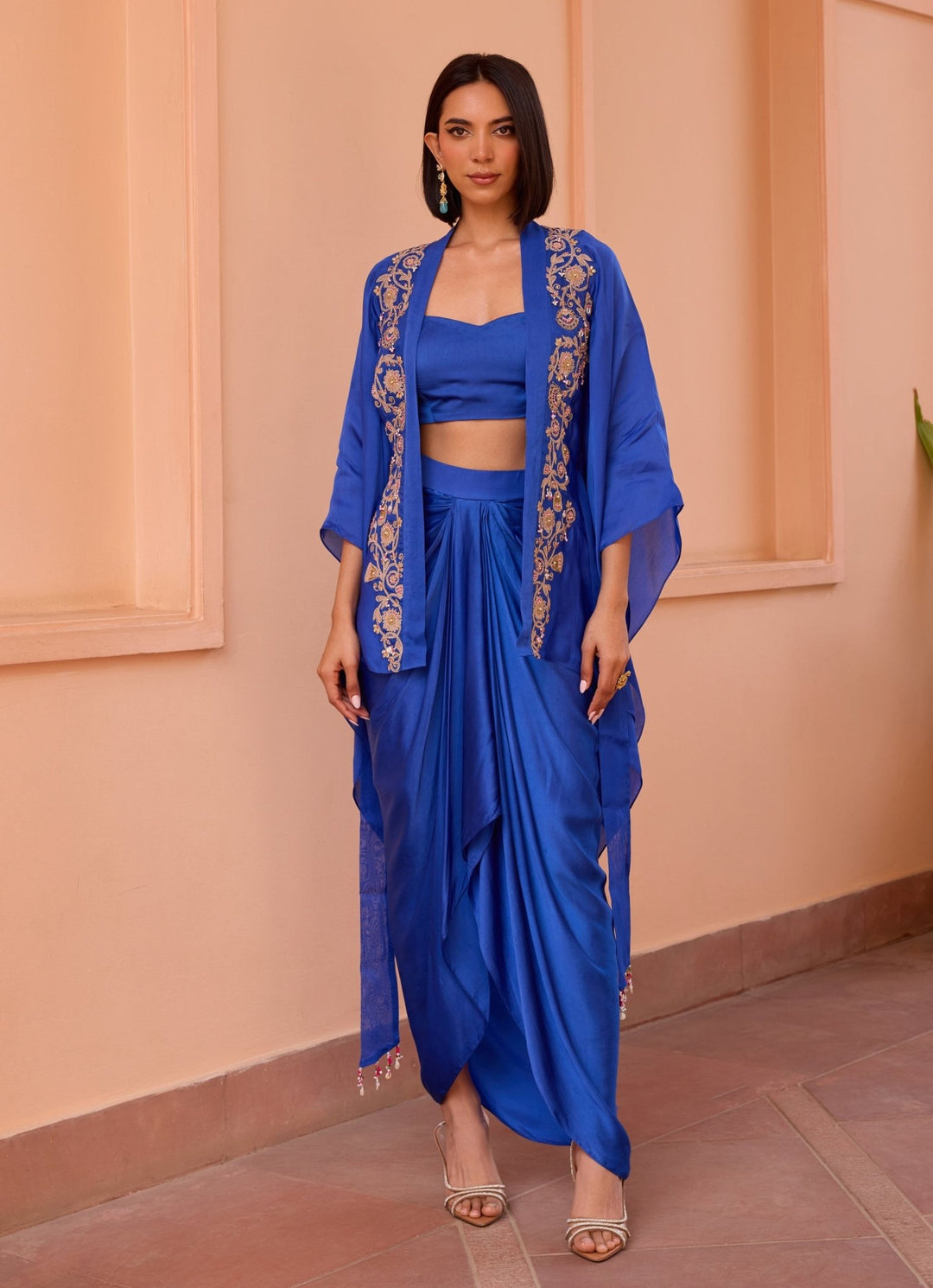 Blue Embroidered Kimono Top With Drape Skirt Isha Gupta Tayal - Fabilicious Fashion