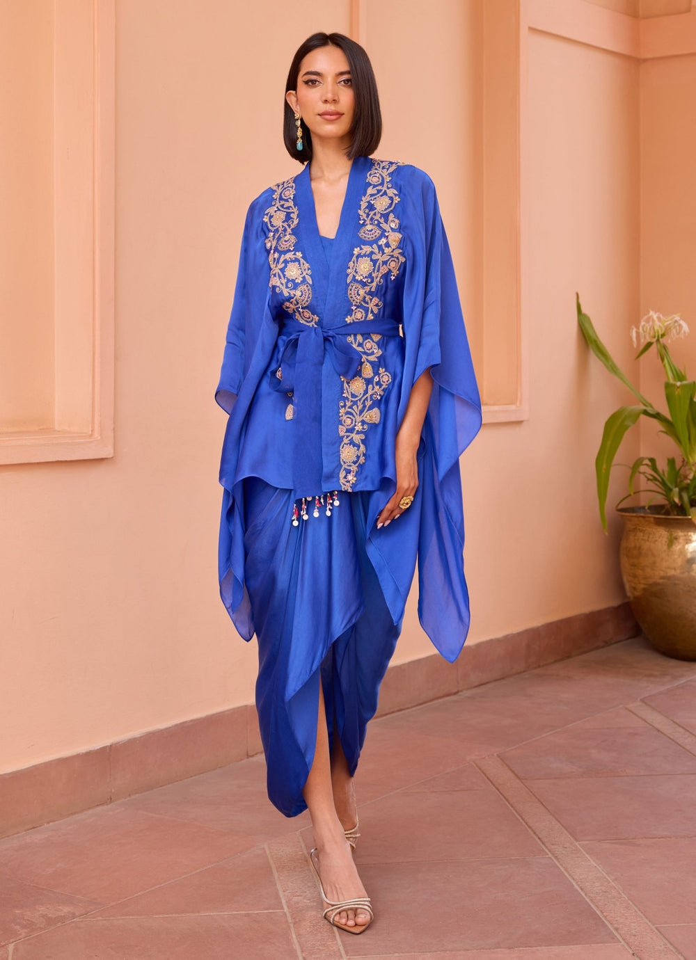 Blue Embroidered Kimono Top With Drape Skirt Isha Gupta Tayal - Fabilicious Fashion