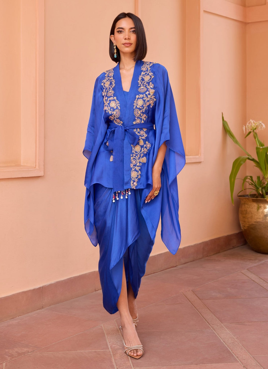 Blue Embroidered Kimono Top With Drape Skirt Isha Gupta Tayal - Fabilicious Fashion