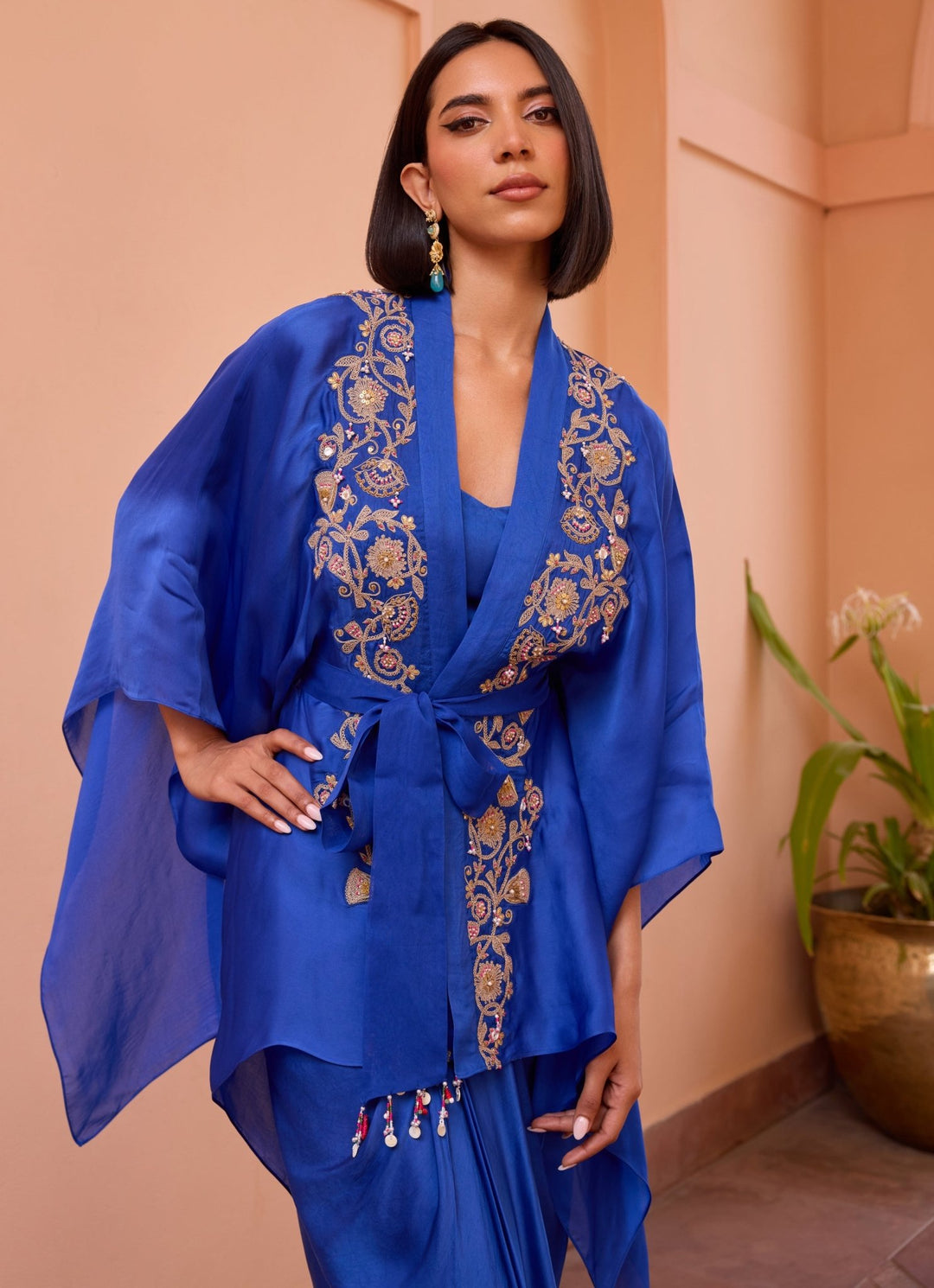 Blue Embroidered Kimono Top With Drape Skirt Isha Gupta Tayal - Fabilicious Fashion
