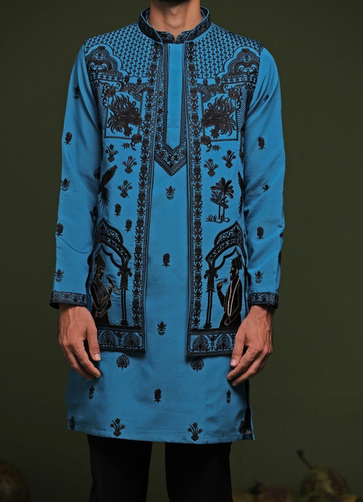 Blue Embroidered Kurta Jacket Set With Dupatta Kalpraag - Fabilicious Fashion