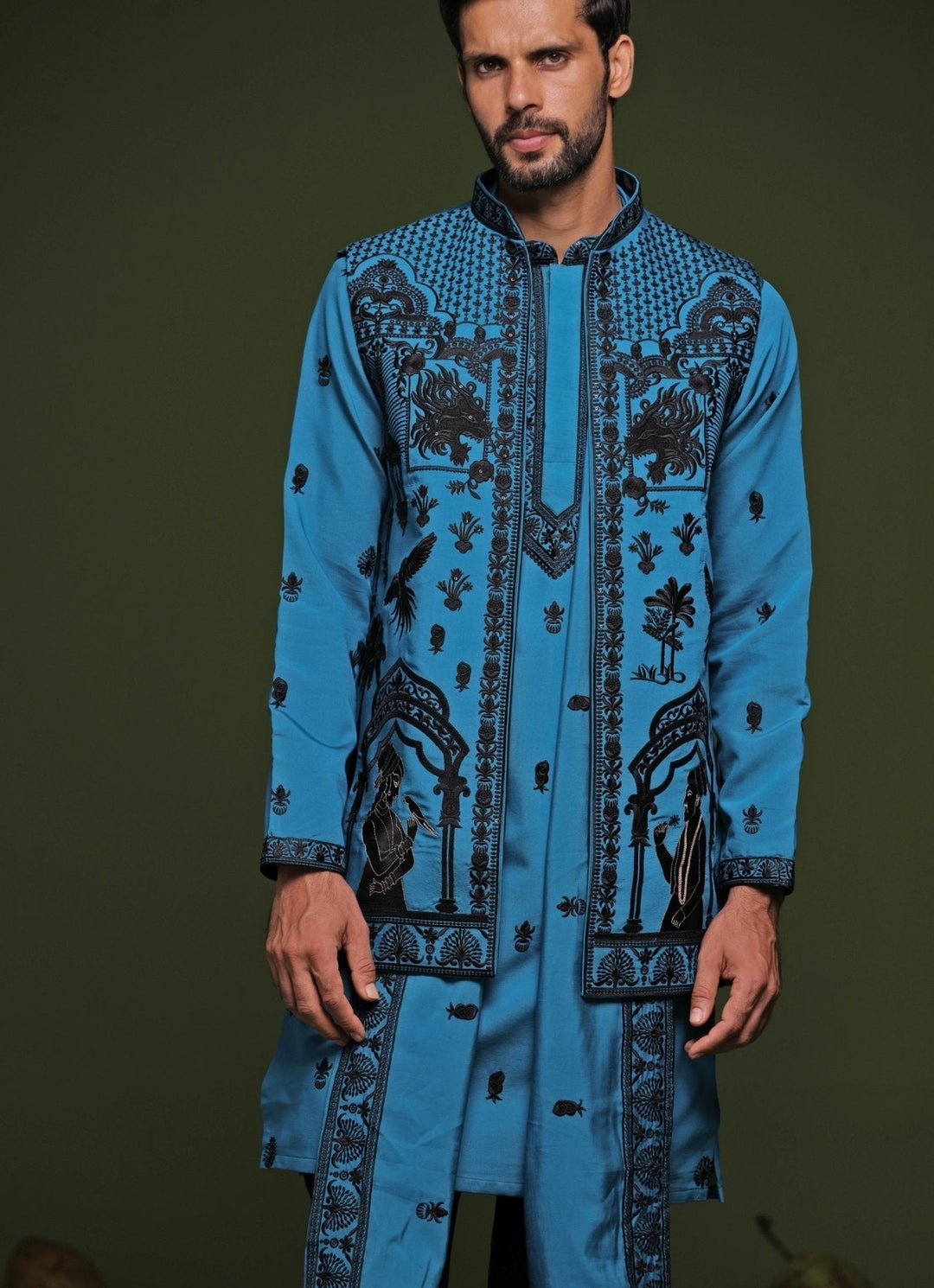 Blue Embroidered Kurta Jacket Set With Dupatta Kalpraag - Fabilicious Fashion