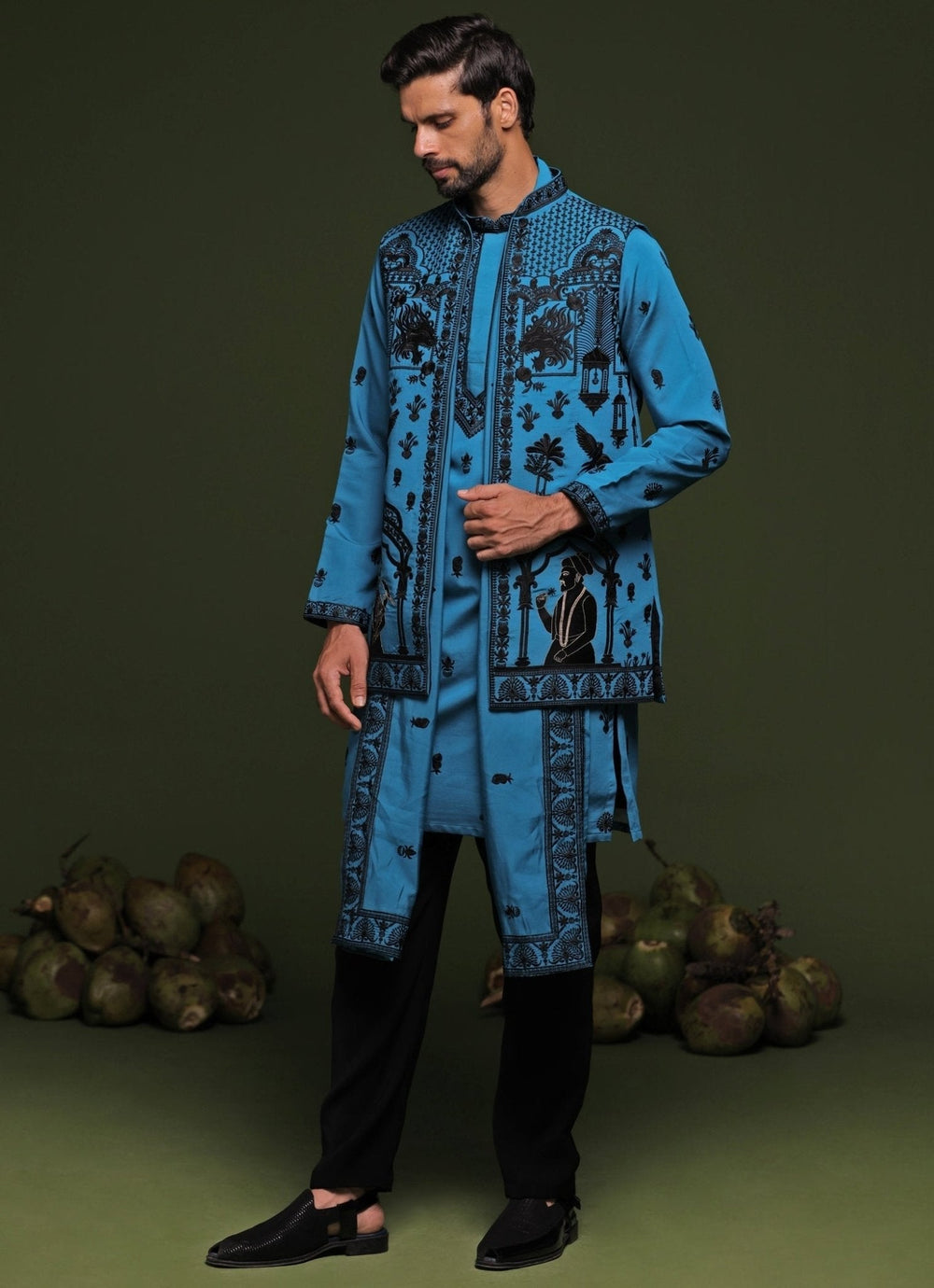 Blue Embroidered Kurta Jacket Set With Dupatta Kalpraag - Fabilicious Fashion