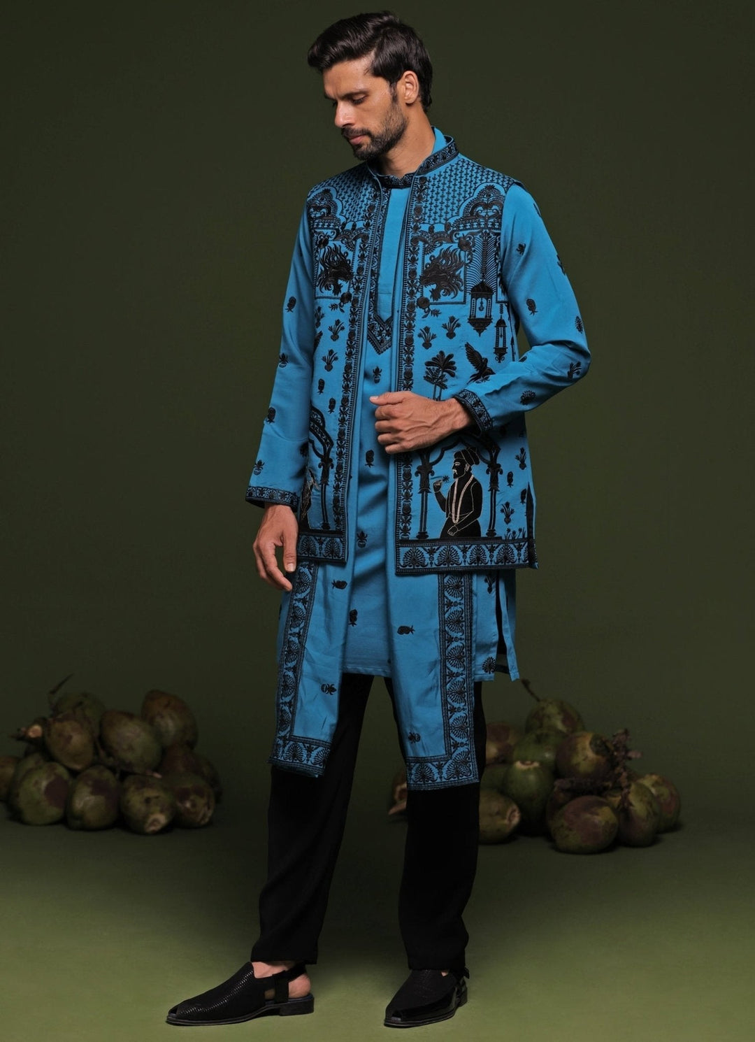 Blue Embroidered Kurta Jacket Set With Dupatta Kalpraag - Fabilicious Fashion