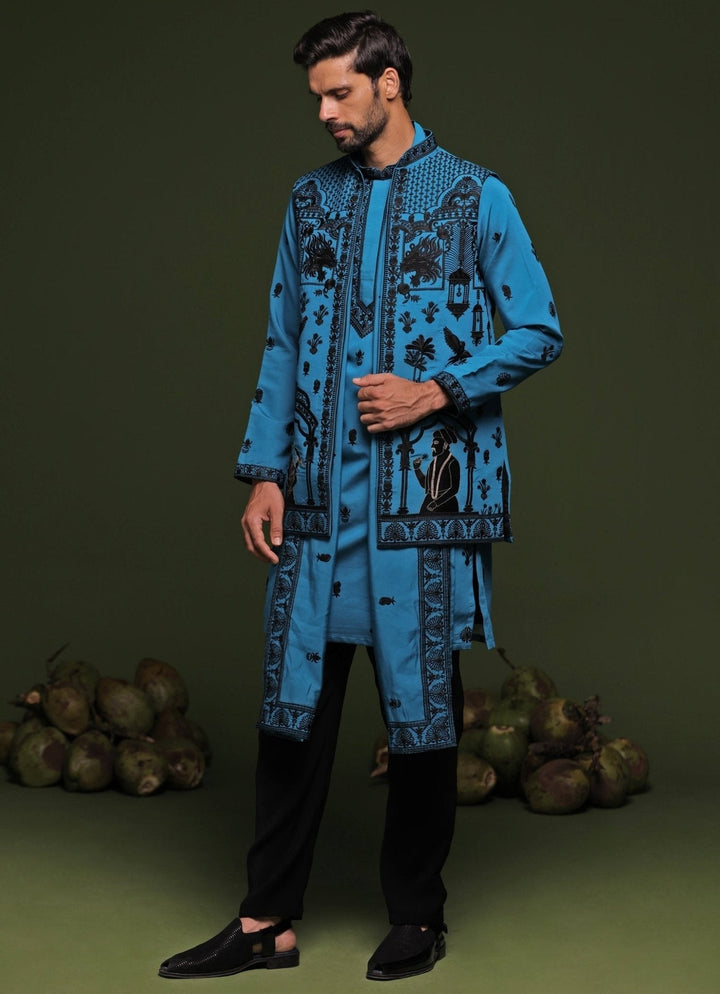 Blue Embroidered Kurta Jacket Set With Dupatta Kalpraag - Fabilicious Fashion