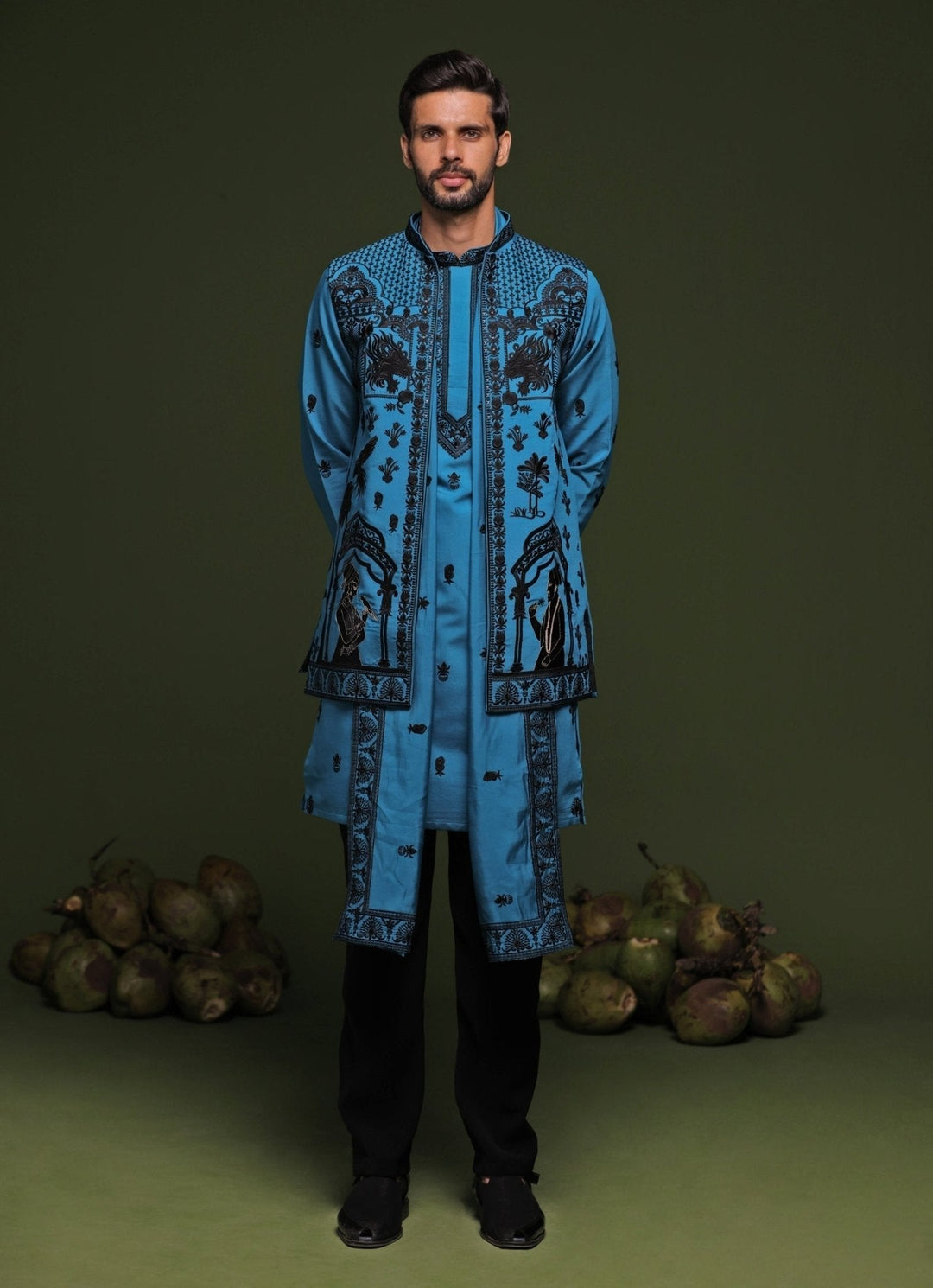 Blue Embroidered Kurta Jacket Set With Dupatta Kalpraag - Fabilicious Fashion
