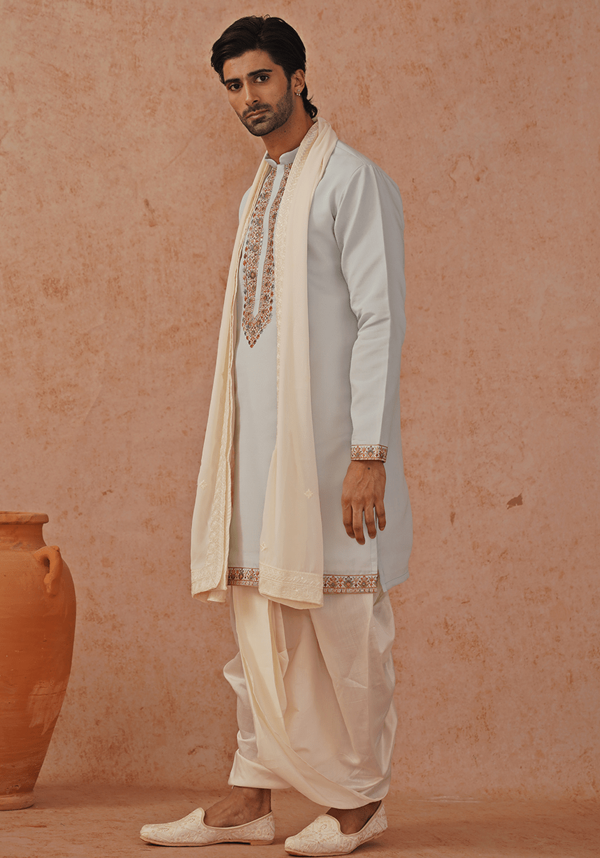 Blue Embroidered Kurta Set With Ivory Pant Kalpraag - Fabilicious Fashion