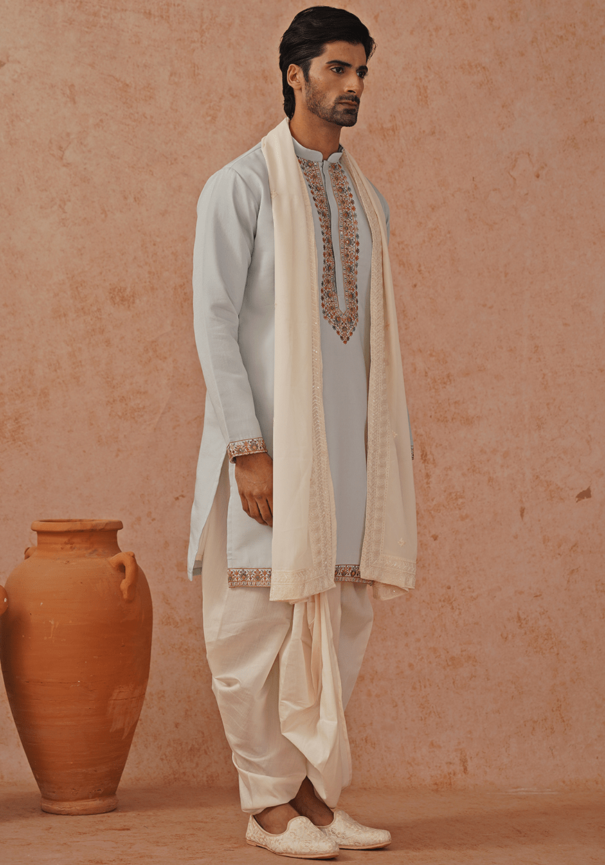 Blue Embroidered Kurta Set With Ivory Pant Kalpraag - Fabilicious Fashion