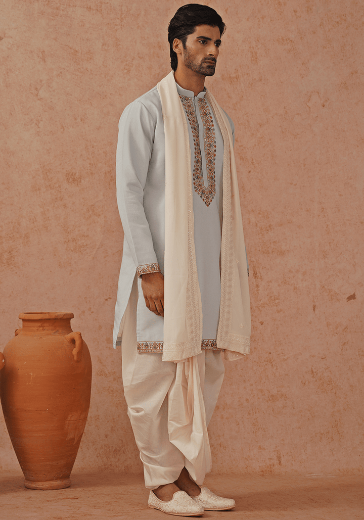 Blue Embroidered Kurta Set With Ivory Pant Kalpraag - Fabilicious Fashion