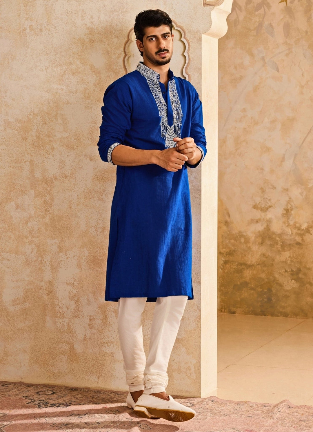 Blue Embroidered Linen Kurta Set Nitika Gujral - Men - Fabilicious Fashion