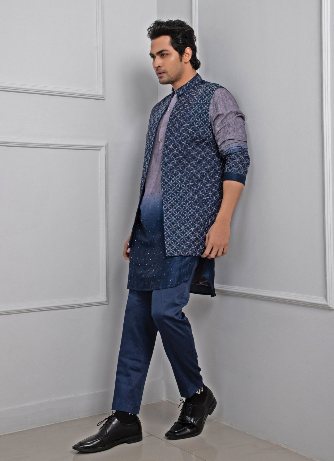 Blue Embroidered Nehru Jacket With Kurta Set Smriti - Fabilicious Fashion