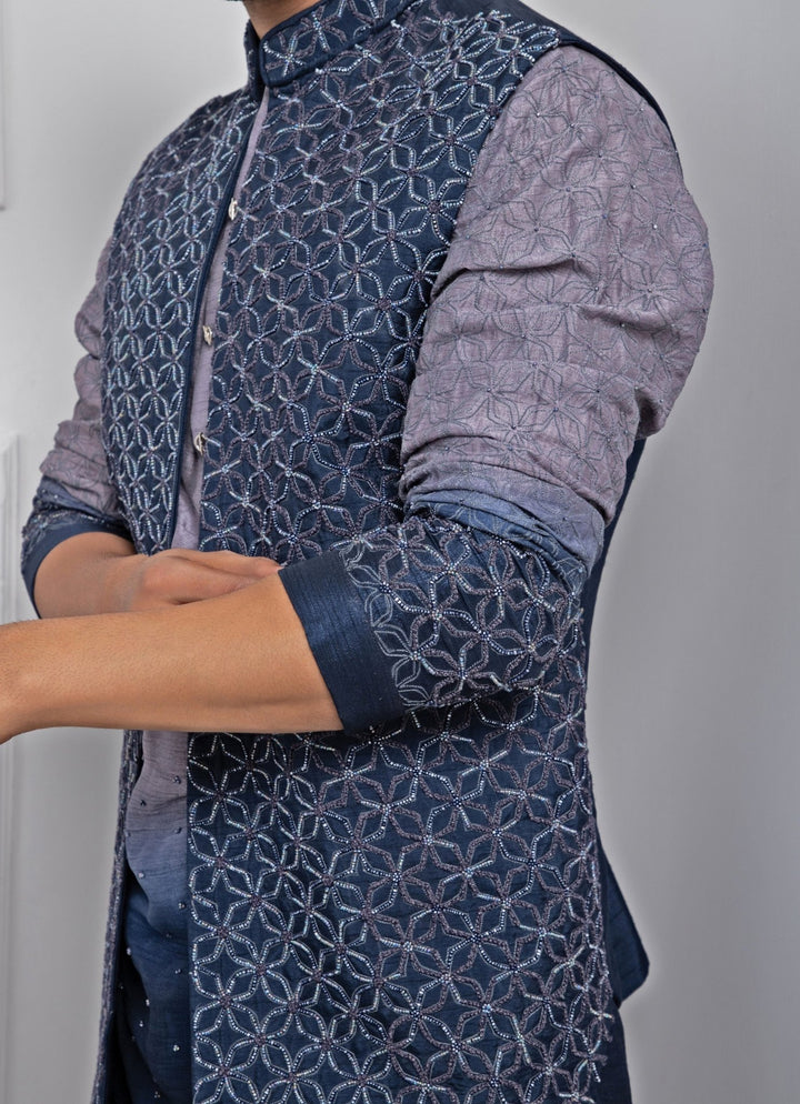 Blue Embroidered Nehru Jacket With Kurta Set Smriti - Fabilicious Fashion