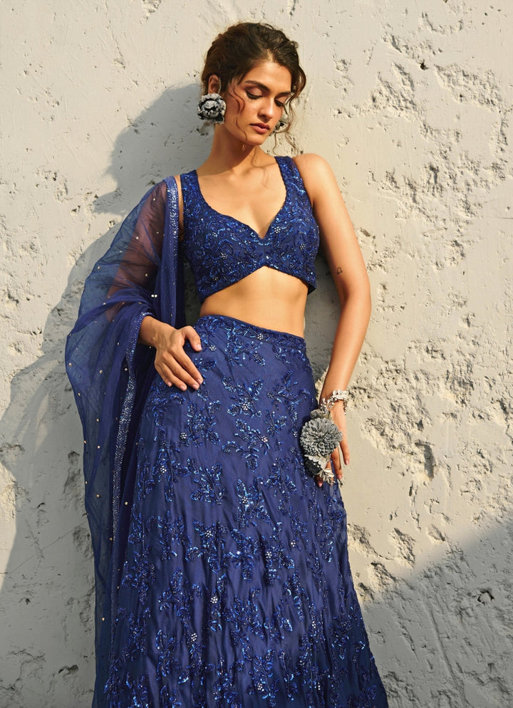 Blue Embroidered Organza Lehenga Chamee and Palak - Fabilicious Fashion