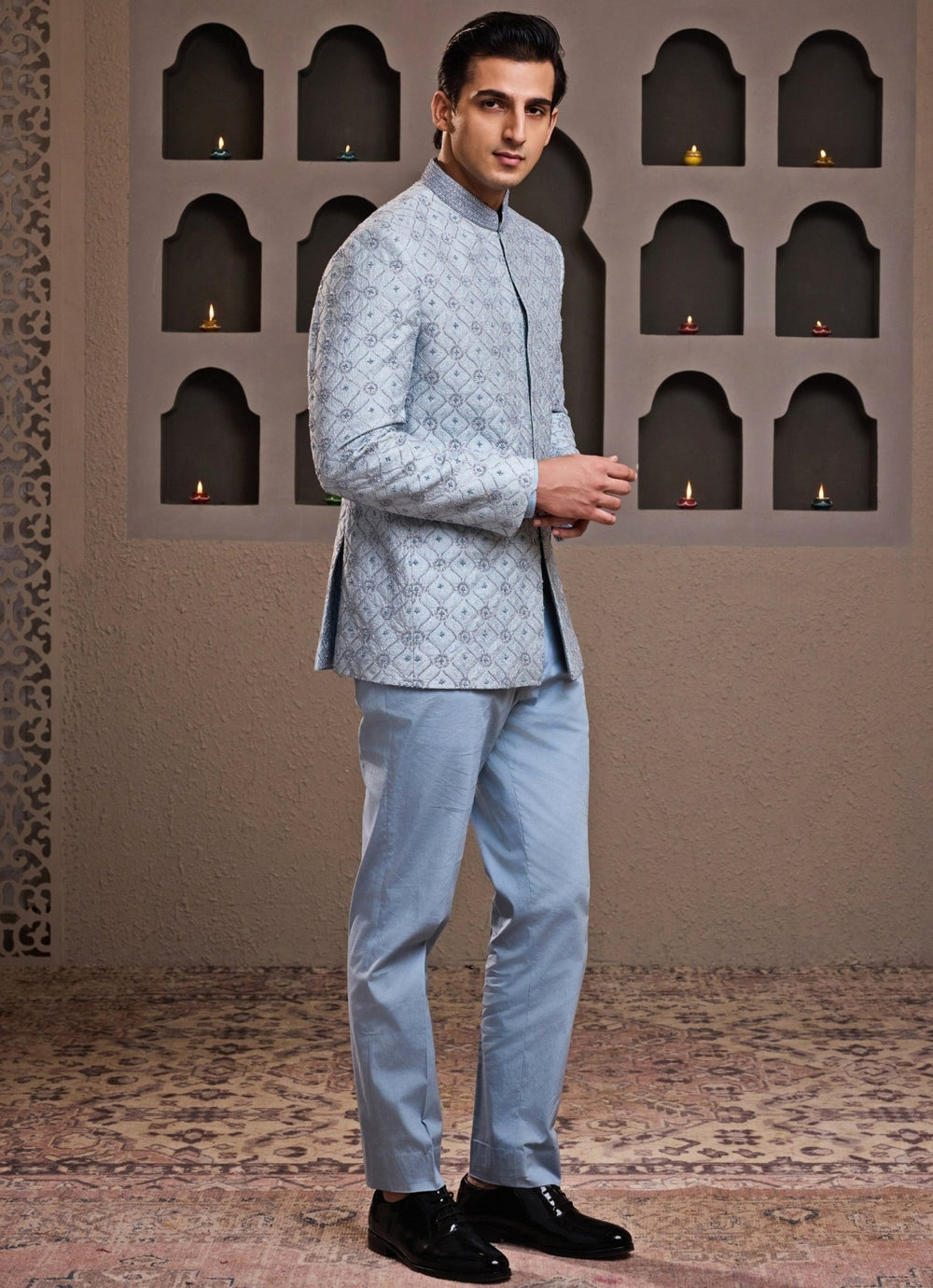 Blue Embroidered Raw Silk Jodhpuri Set Nitika Gujral - Men - Fabilicious Fashion