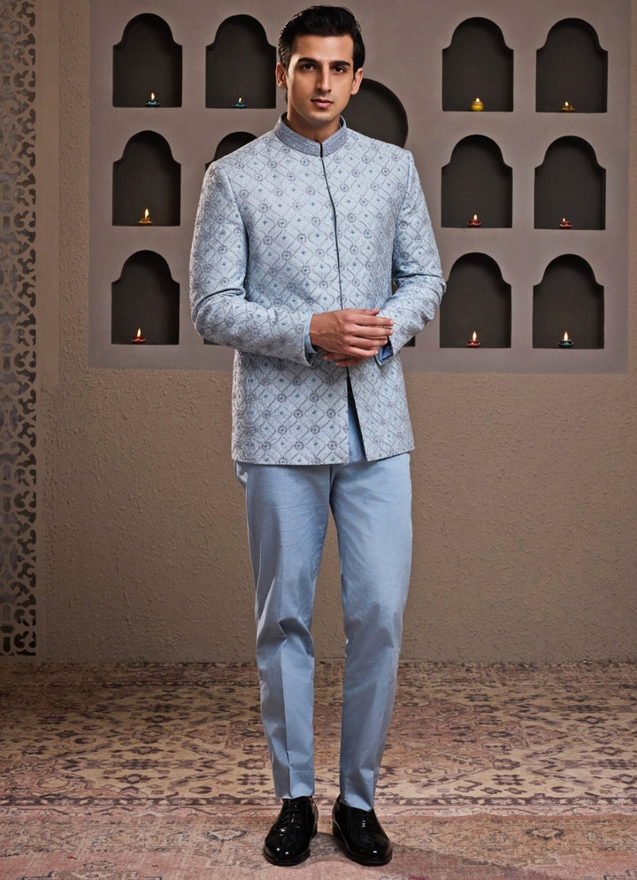 Blue Embroidered Raw Silk Jodhpuri Set Nitika Gujral - Men - Fabilicious Fashion