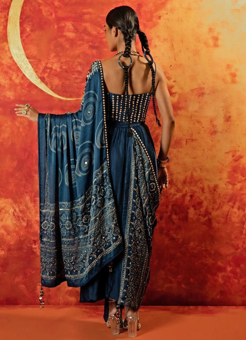 Blue Embroidered Ruffle Satin Skirt Saree Set Prahnaaya - Fabilicious Fashion