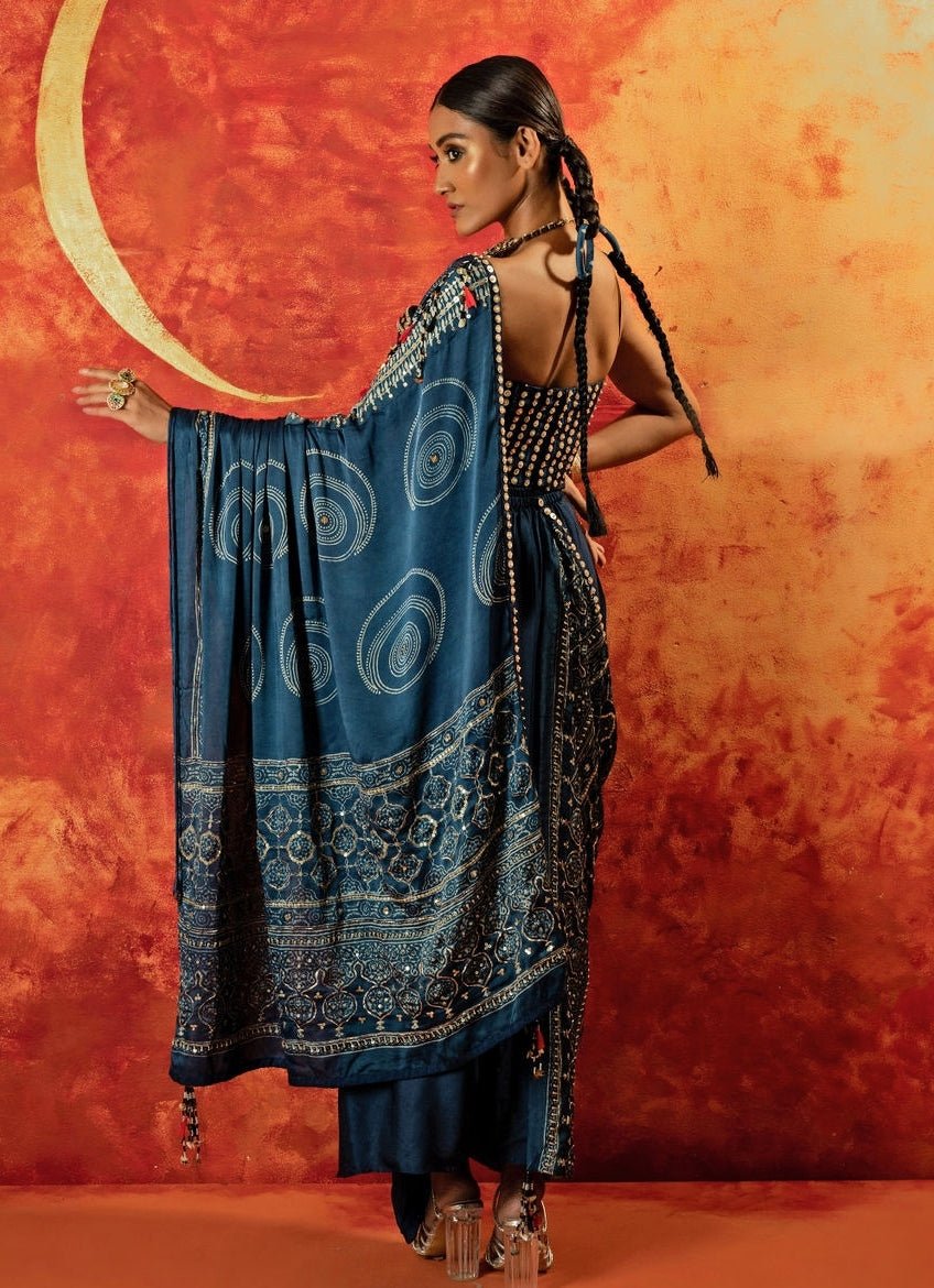 Blue Embroidered Ruffle Satin Skirt Saree Set Prahnaaya - Fabilicious Fashion