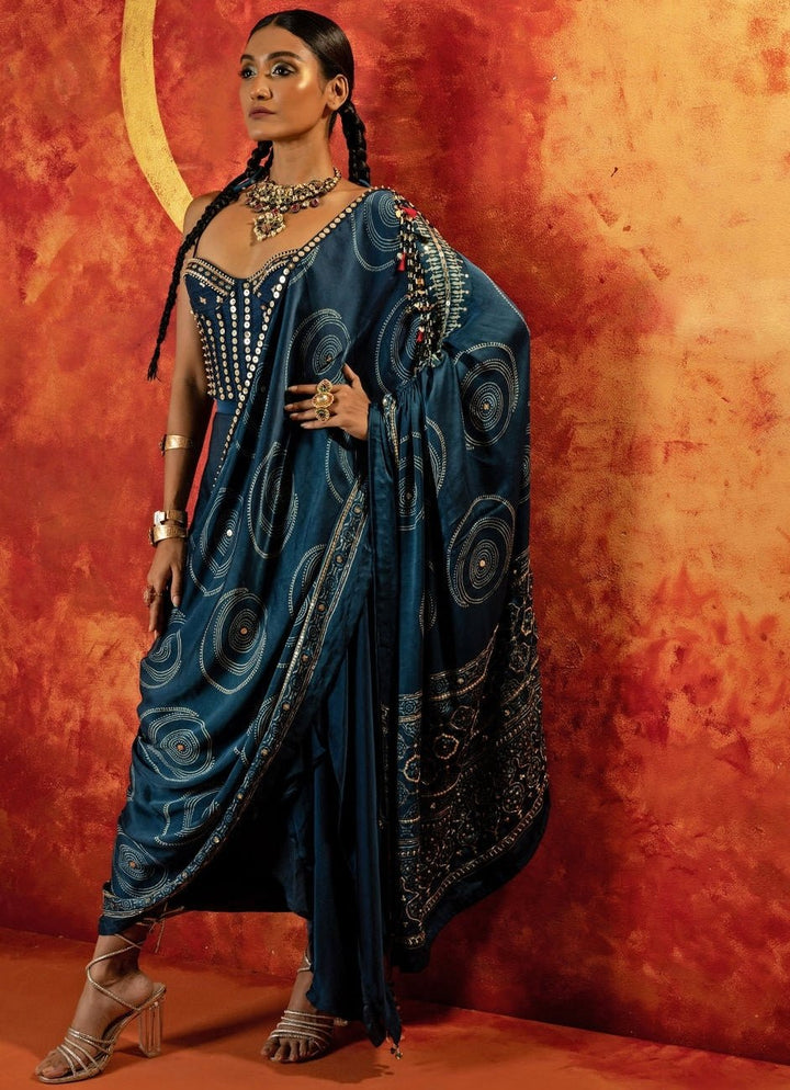 Blue Embroidered Ruffle Satin Skirt Saree Set Prahnaaya - Fabilicious Fashion