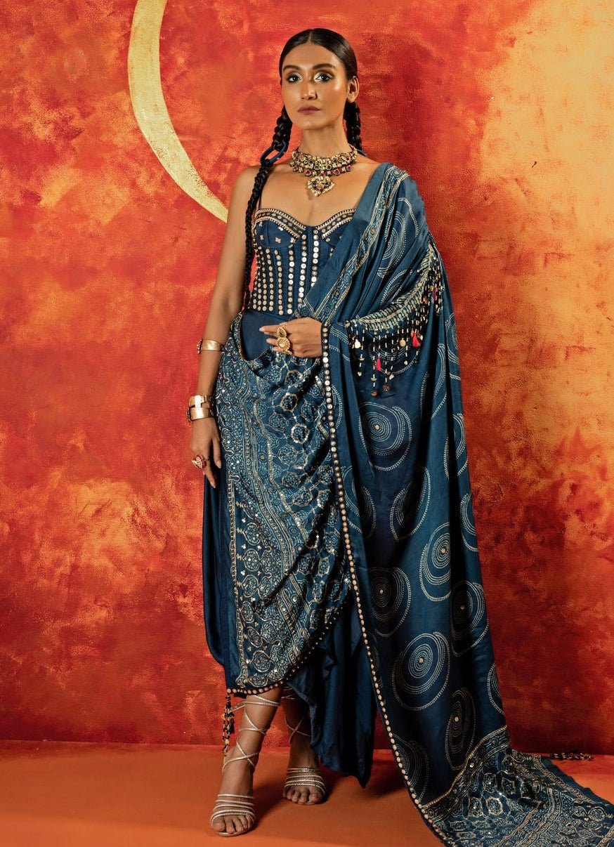 Blue Embroidered Ruffle Satin Skirt Saree Set Prahnaaya - Fabilicious Fashion