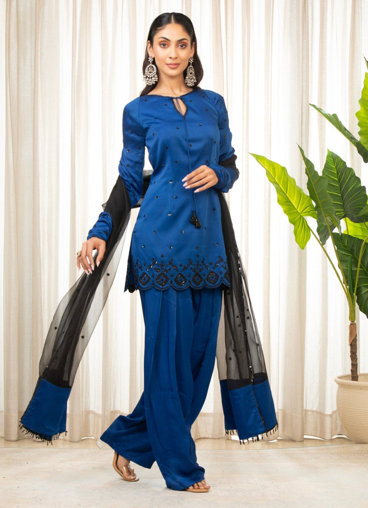 Blue Embroidered Satin Kurta Salwar Set Esha Koul - Fabilicious Fashion