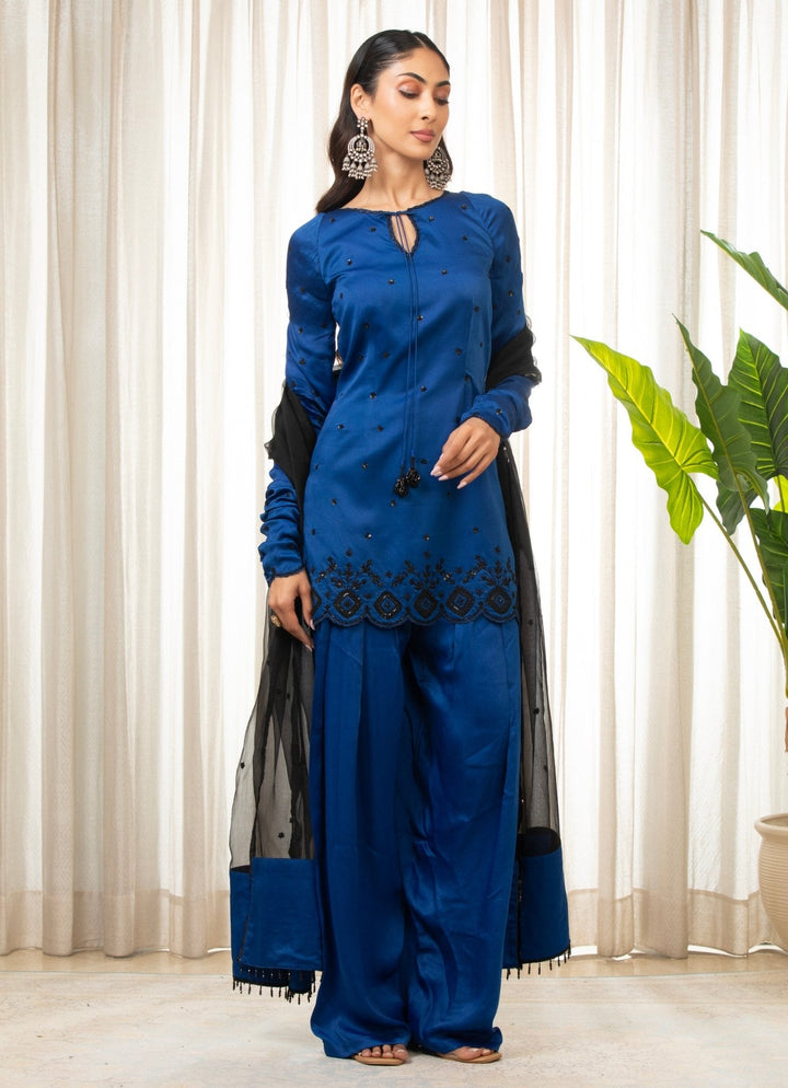 Blue Embroidered Satin Kurta Salwar Set Esha Koul - Fabilicious Fashion