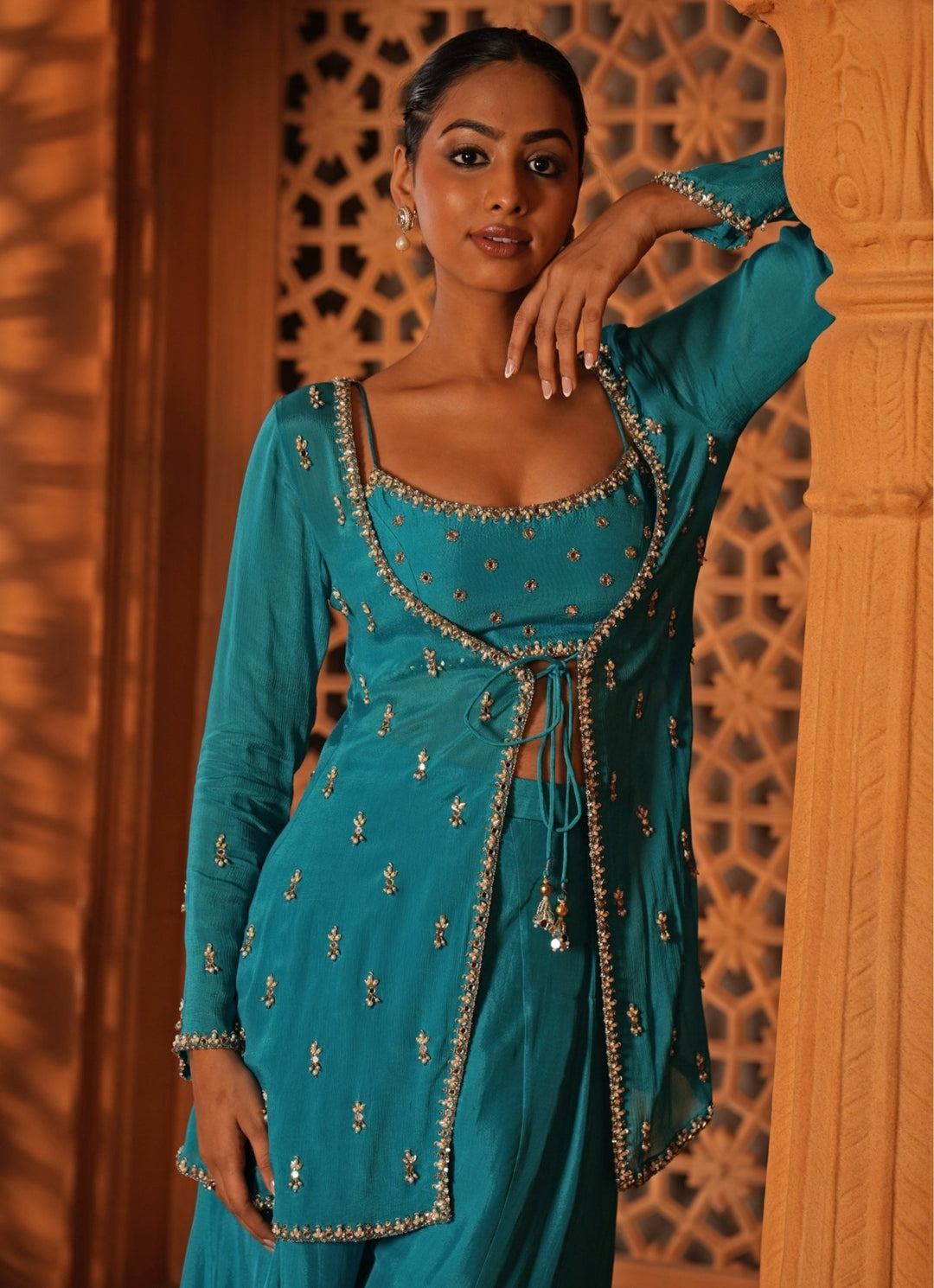 Blue Embroidered Silk Blouse Sharara Set With Jacket Enamour by Radha - Fabilicious Fashion