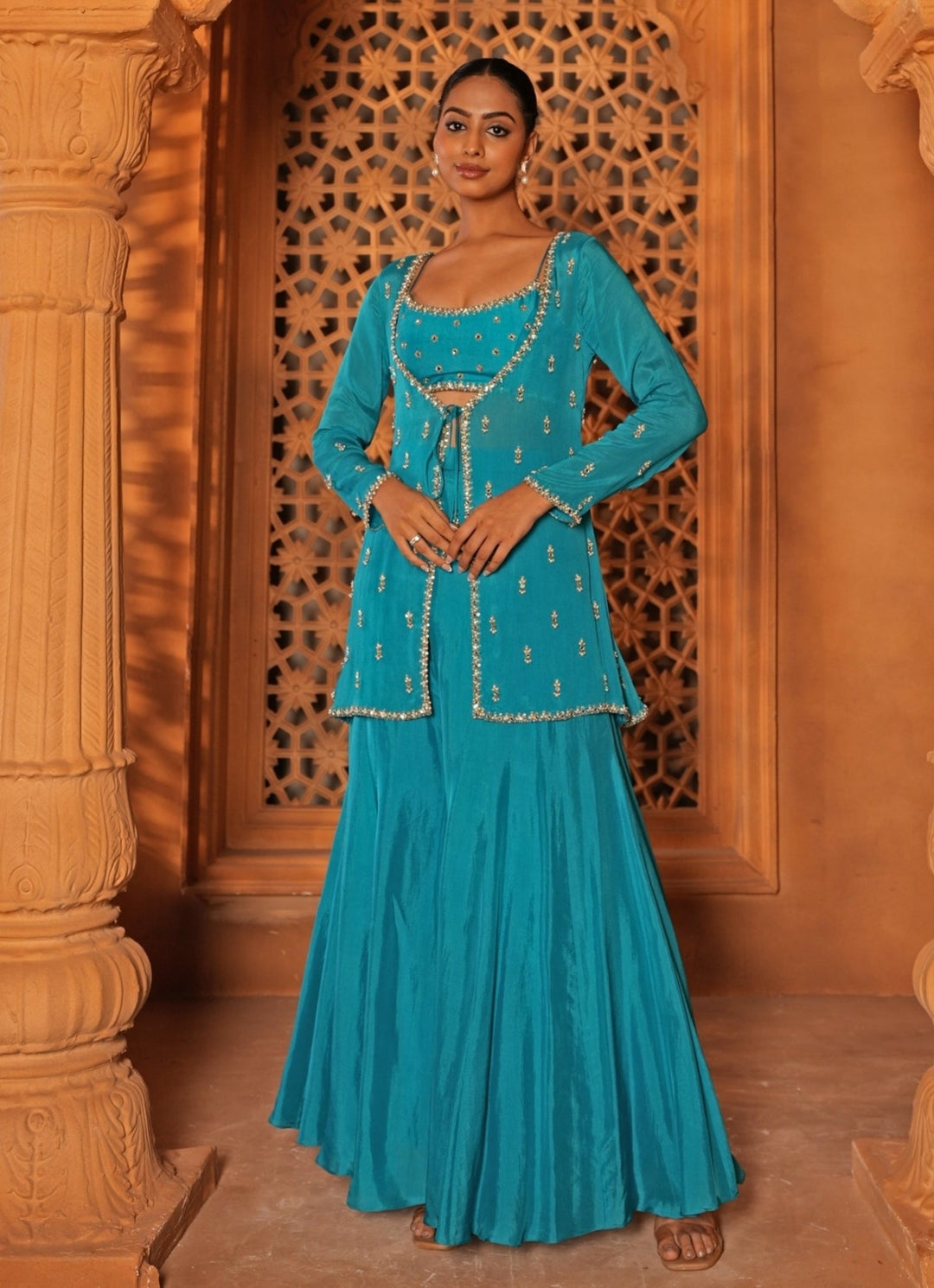 Blue Embroidered Silk Blouse Sharara Set With Jacket Enamour by Radha - Fabilicious Fashion
