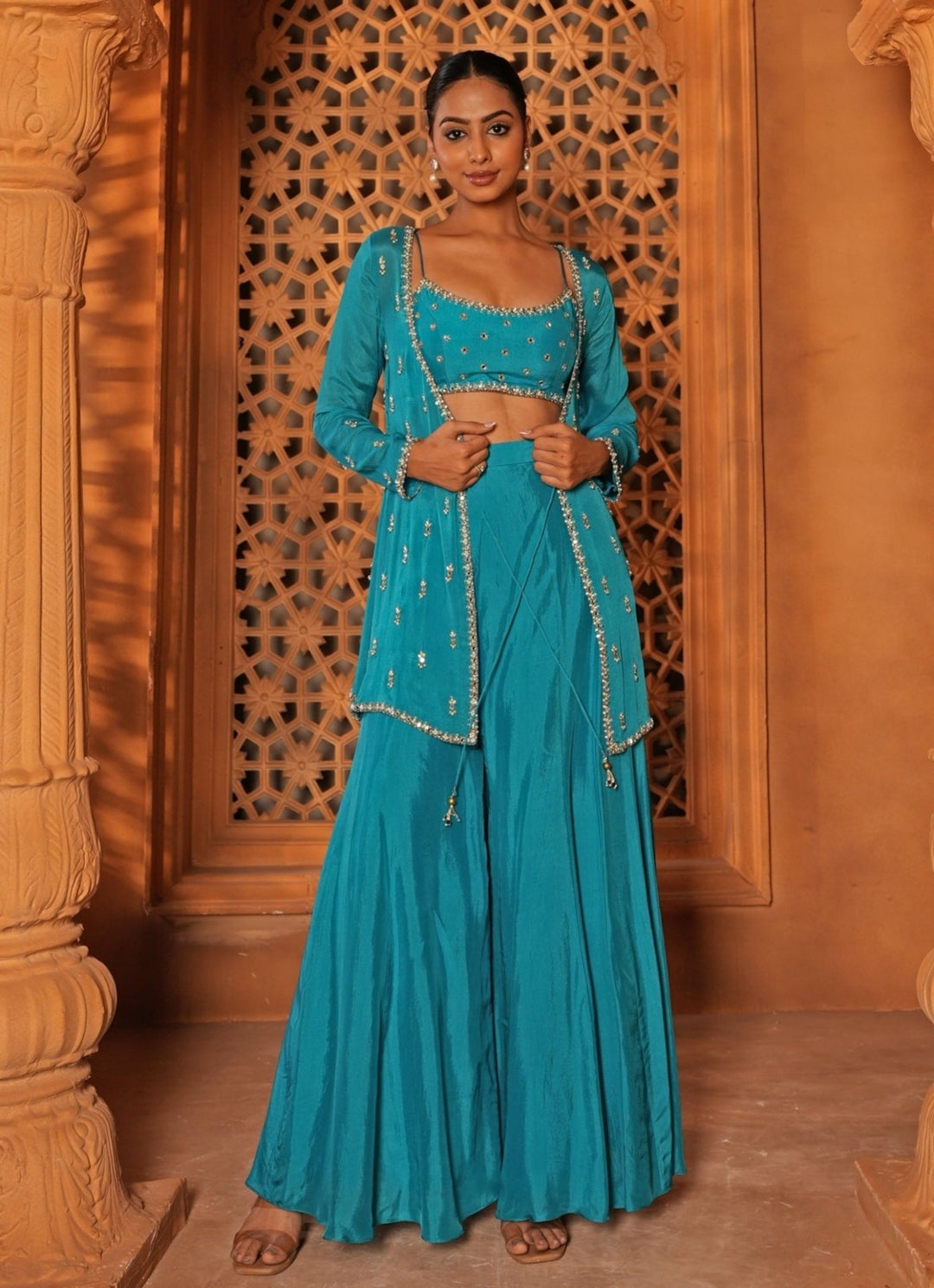 Blue Embroidered Silk Blouse Sharara Set With Jacket Enamour by Radha - Fabilicious Fashion
