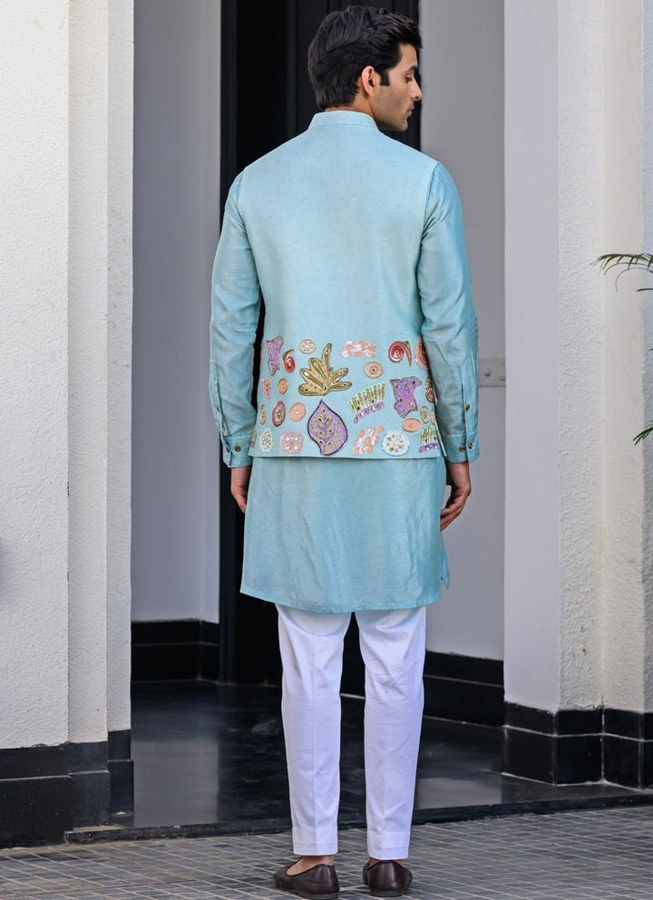 Blue Embroidered Silk Bundi Juhi Bengani - Men - Fabilicious Fashion