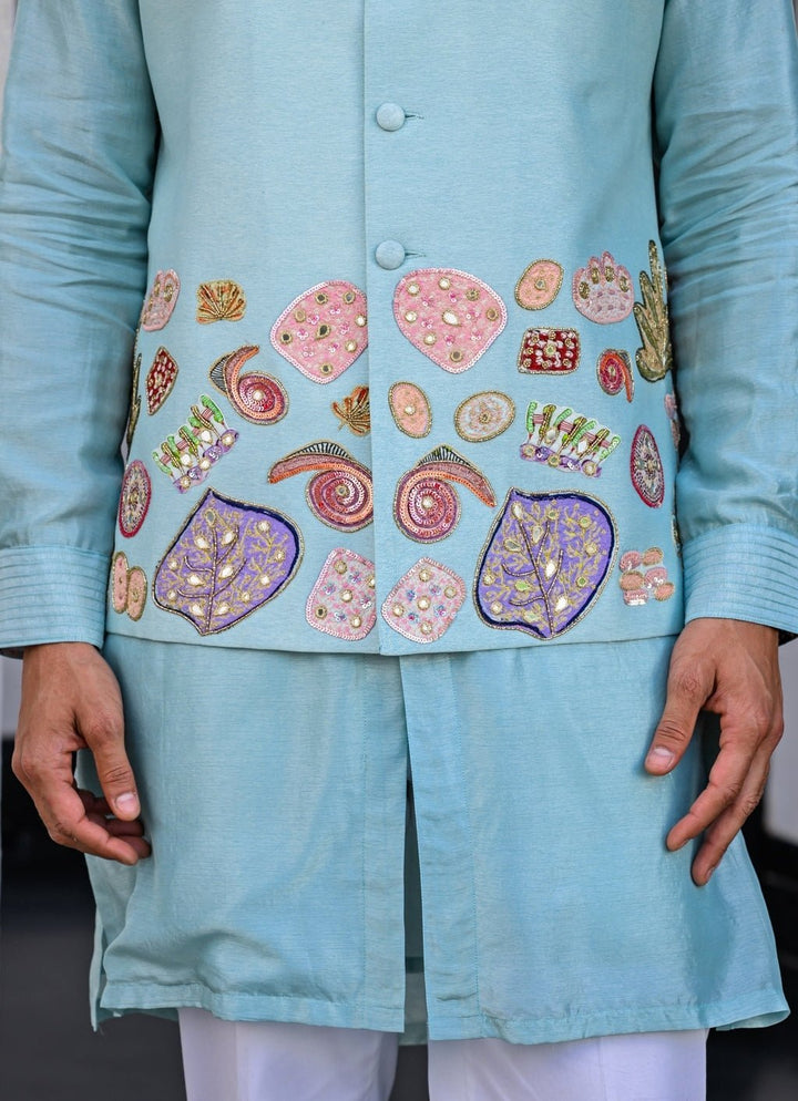 Blue Embroidered Silk Bundi Juhi Bengani - Men - Fabilicious Fashion