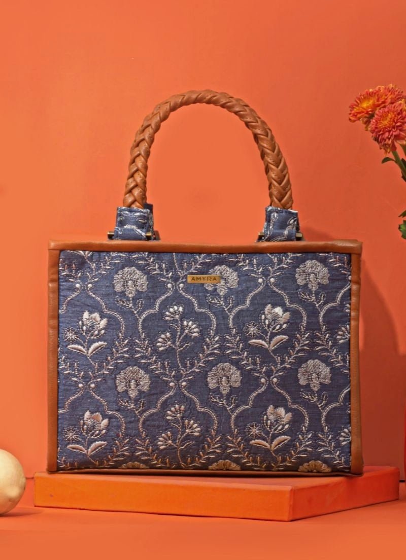 Amyra Blue Embroidered Silk HandbagFabilicious Fashion