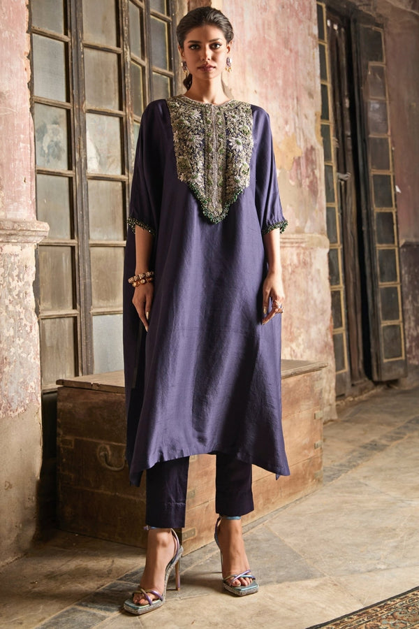 Blue embroidered silk kaftan pants set for Indian wedding guest by Prisho