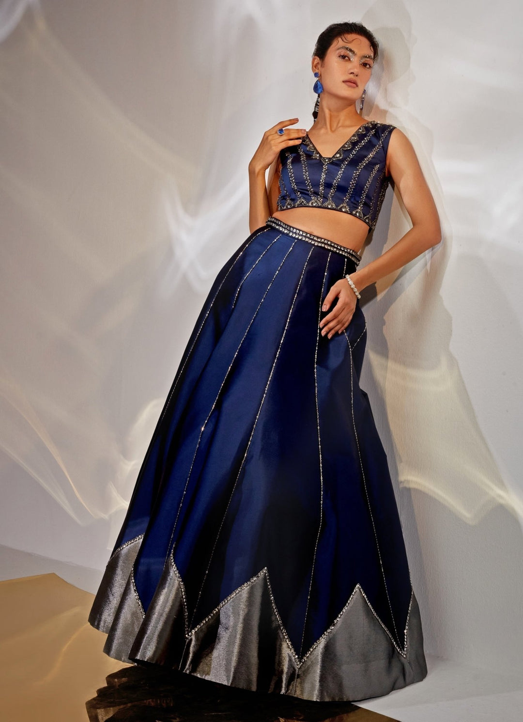Blue Embroidered Silk Lehenga Set Akara - Fabilicious Fashion