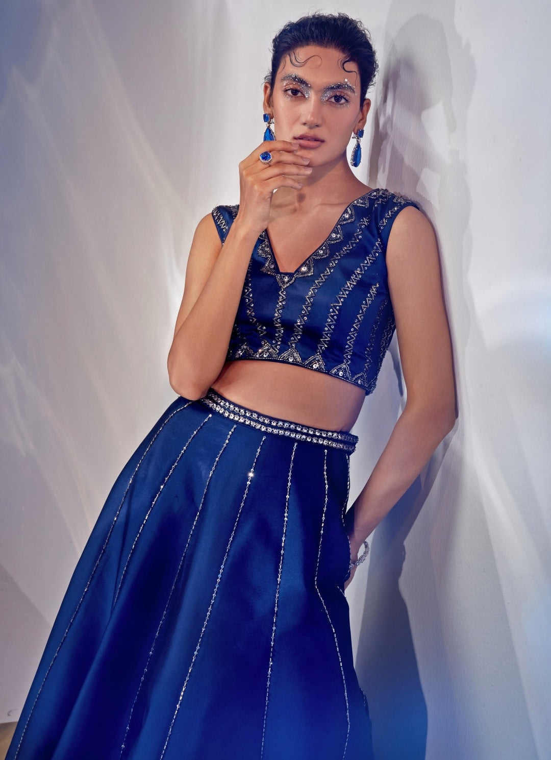 Blue Embroidered Silk Lehenga Set Akara - Fabilicious Fashion