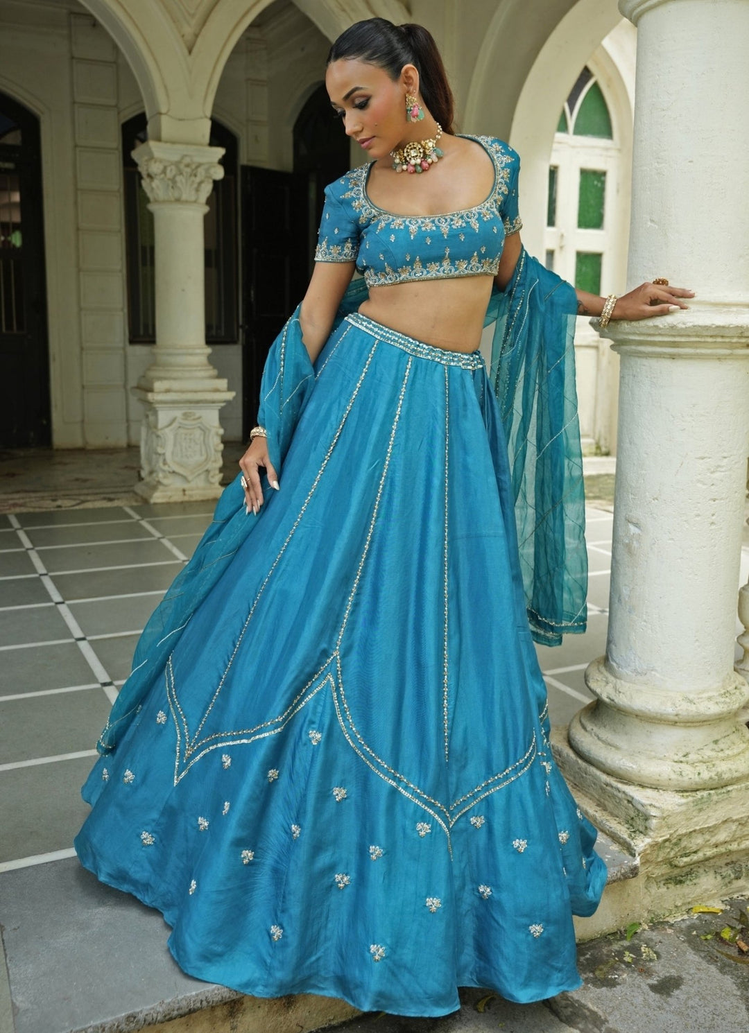 Blue Embroidered Silk Lehenga Set Enamour by Radha - Fabilicious Fashion