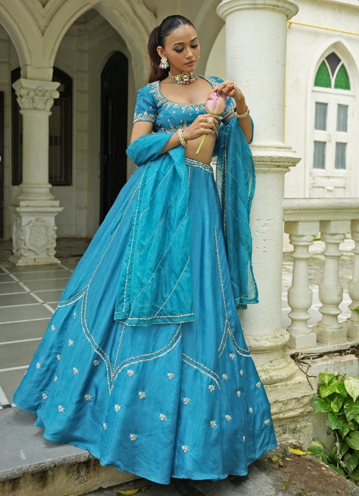 Blue Embroidered Silk Lehenga Set Enamour by Radha - Fabilicious Fashion