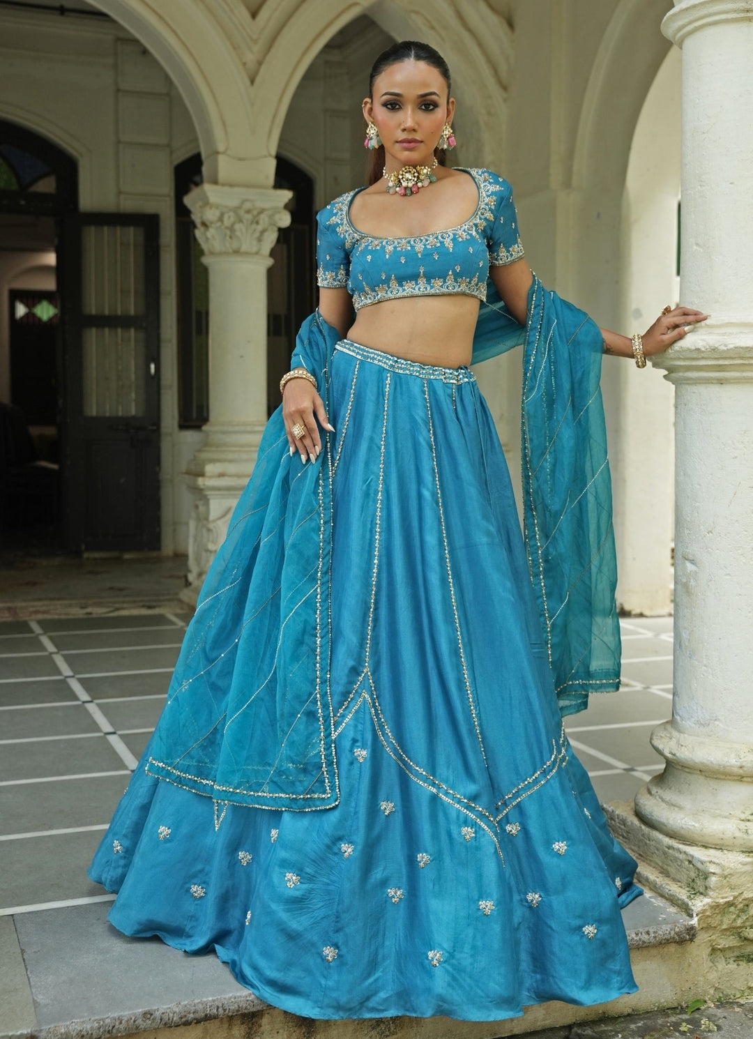Blue Embroidered Silk Lehenga Set Enamour by Radha - Fabilicious Fashion