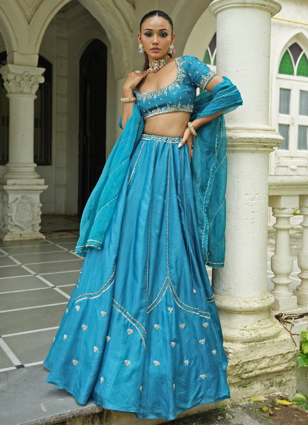 Blue Embroidered Silk Lehenga Set Enamour by Radha - Fabilicious Fashion
