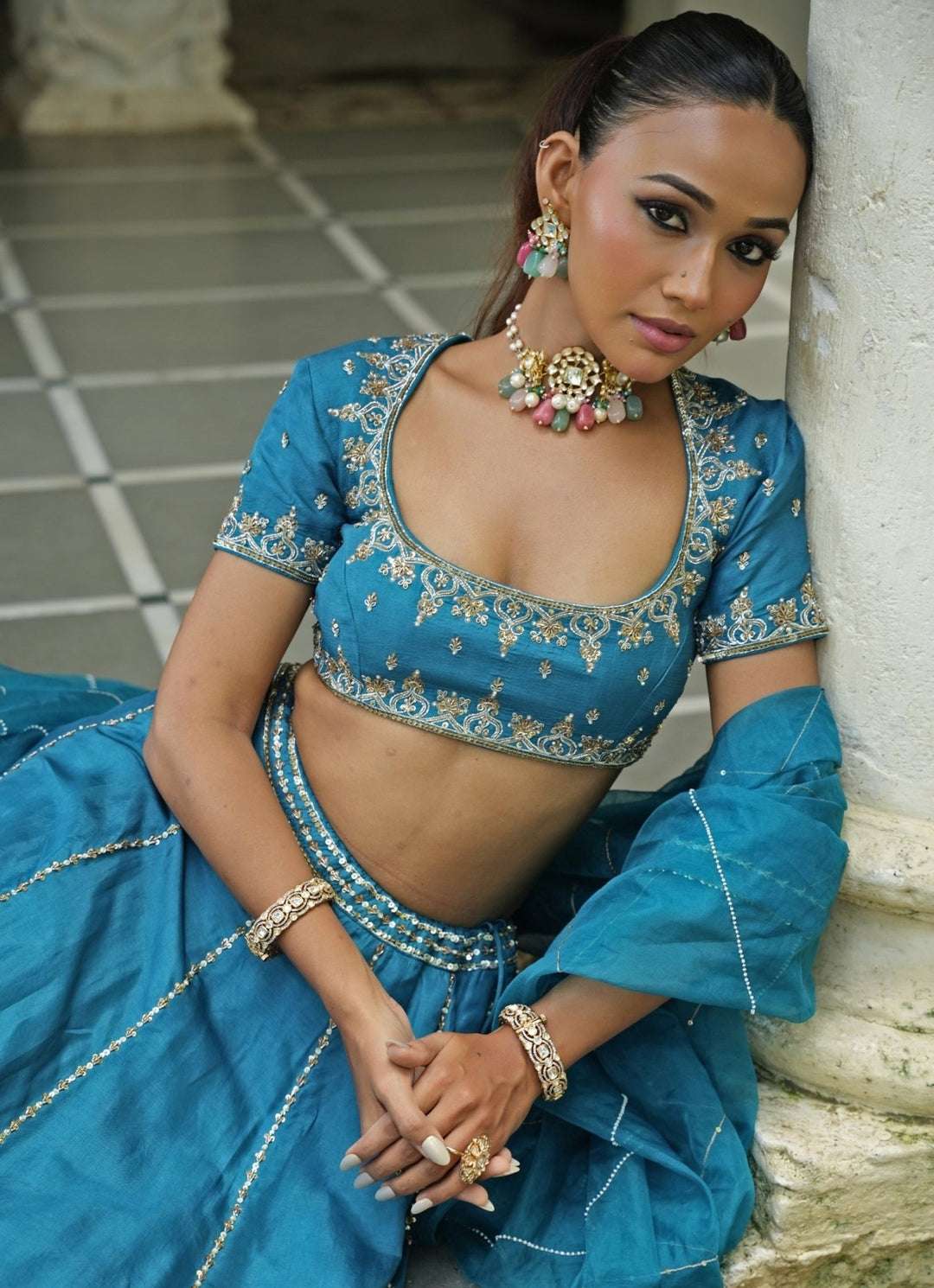 Blue Embroidered Silk Lehenga Set Enamour by Radha - Fabilicious Fashion