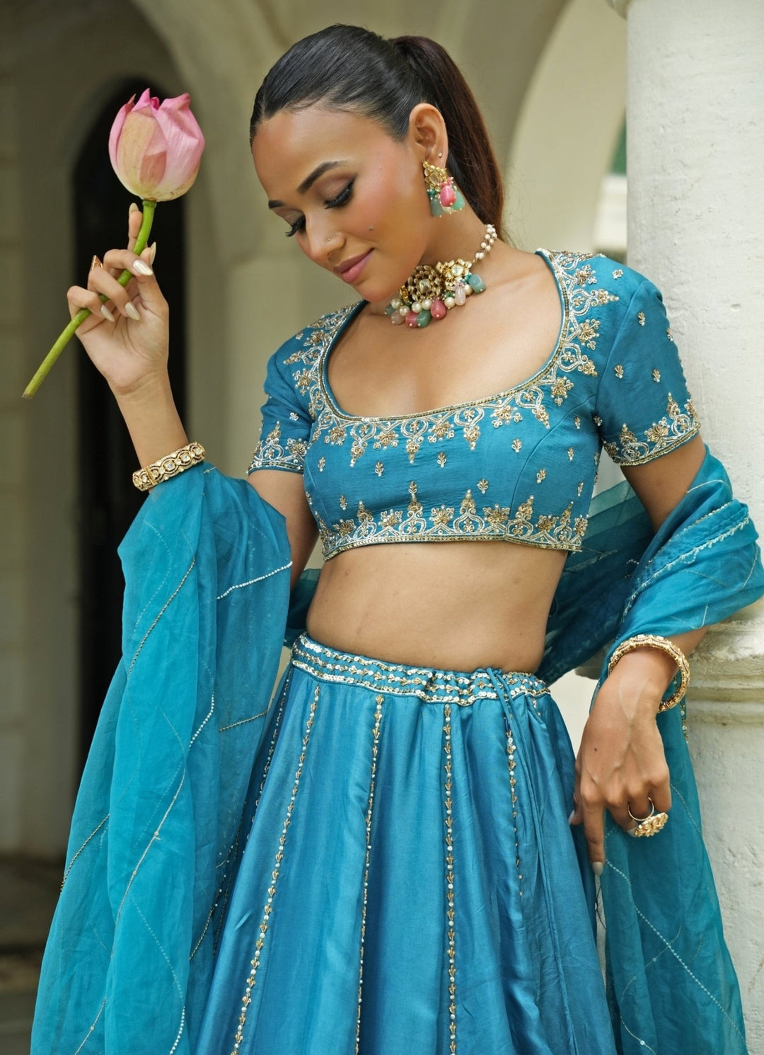 Blue Embroidered Silk Lehenga Set Enamour by Radha - Fabilicious Fashion