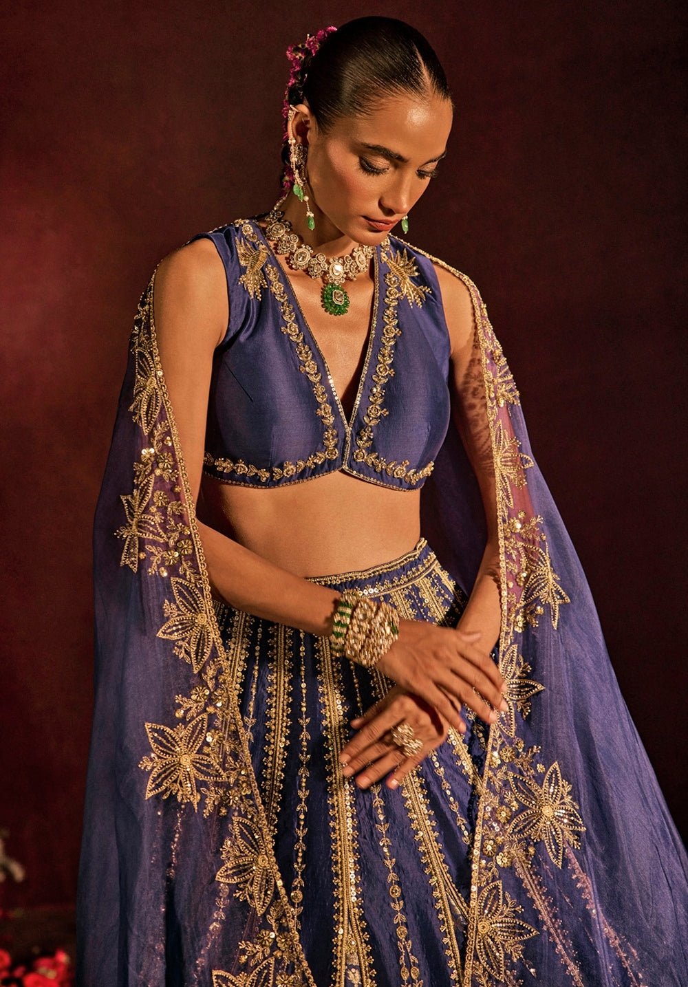 Blue Embroidered Silk Lehenga Set Prevasu - Fabilicious Fashion