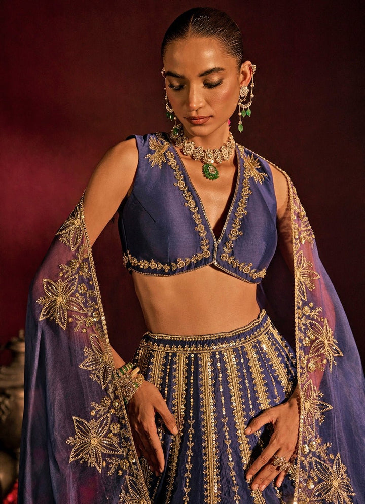 Blue Embroidered Silk Lehenga Set Prevasu - Fabilicious Fashion
