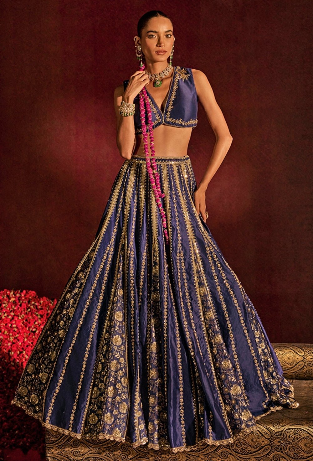Blue Embroidered Silk Lehenga Set Prevasu - Fabilicious Fashion