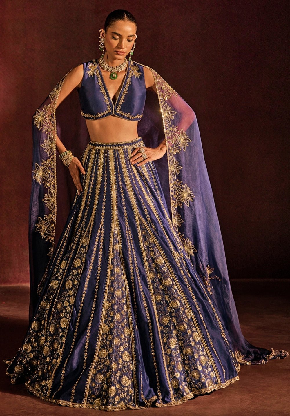 Blue Embroidered Silk Lehenga Set Prevasu - Fabilicious Fashion