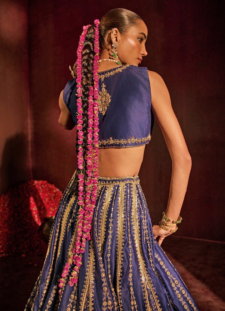 Blue Embroidered Silk Lehenga Set Prevasu - Fabilicious Fashion