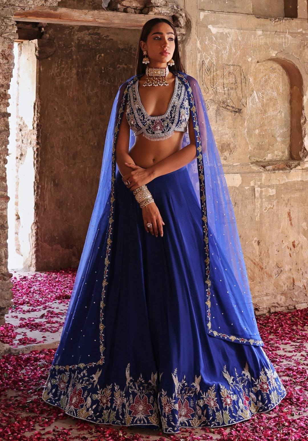 Blue Embroidered Silk Lehenga Set Seema Thukral - Fabilicious Fashion