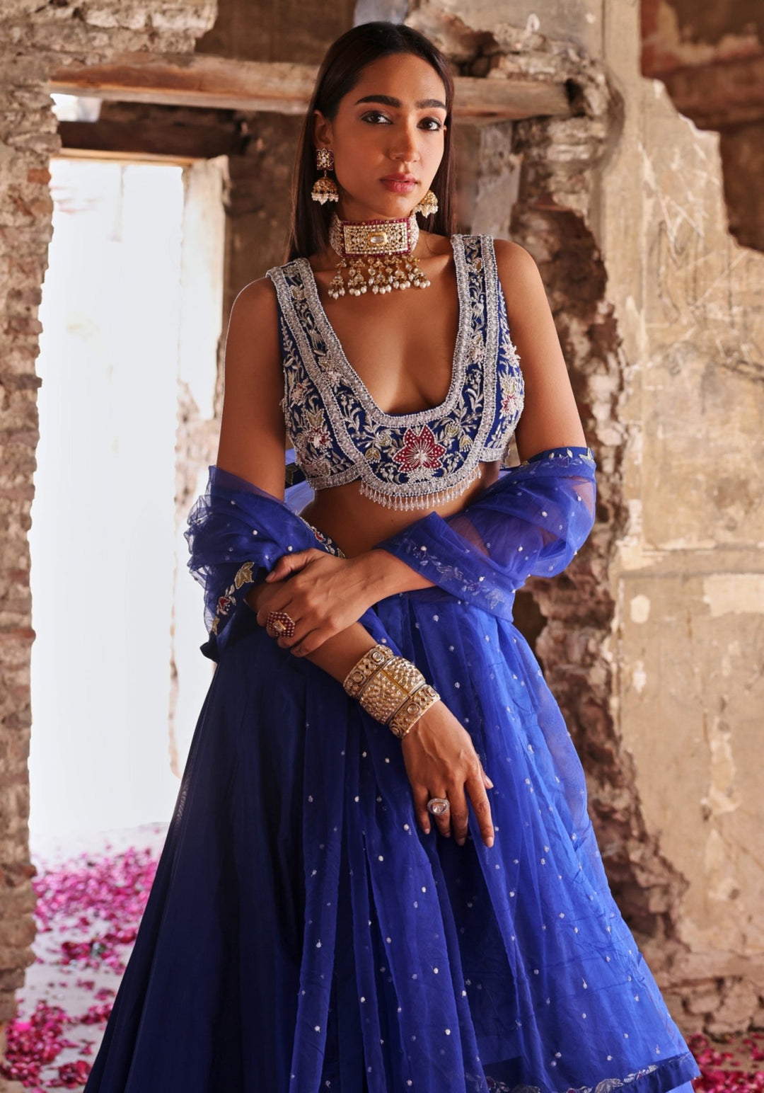 Blue Embroidered Silk Lehenga Set Seema Thukral - Fabilicious Fashion