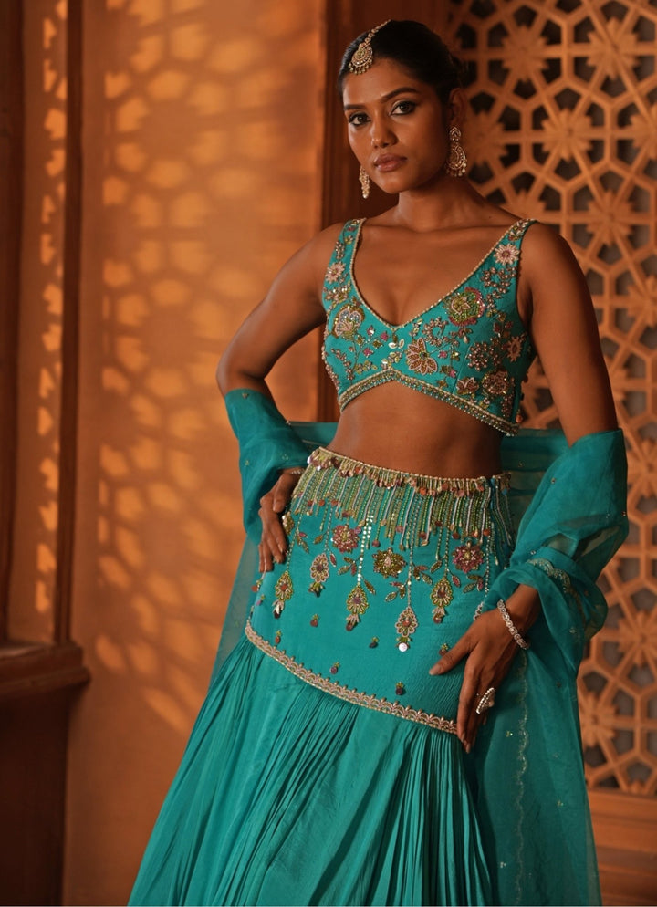 Blue Embroidered Silk Mermaid Lehenga Enamour by Radha - Fabilicious Fashion